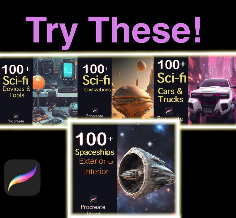 May include: Four digital art stamp sets for the Procreate app, featuring over 100 sci-fi themed illustrations. The sets include spaceships, cars and trucks, devices and tools, and civilizations.