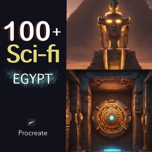 以下が含まれることがあります： 未来的なSFテーマの古代エジプトのピラミッドのデジタルイラスト。頂上には光る金のファラオの頭像が置かれている。ピラミッドは砂漠の風景に囲まれている。画像の左側に「100+ Sci-fi EGYPT」というテキストが表示されている。左下隅にProcreateのロゴが表示されている。