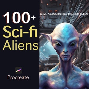 Könnte beinhalten: Eine digitale Illustration eines blauen Außerirdischen mit großen Augen und spitzen Ohren. Der Außerirdische befindet sich in einer futuristischen Raumschiffumgebung. Der Text "100+ Sci-fi Aliens" und "Procreate" ist im Bild sichtbar.