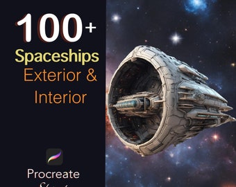 May include: A digital illustration of a spaceship in space with a dark blue and purple nebula in the background. The text "100+ Spaceships Exterior & Interior" and "Procreate Stamps" is on the left side of the image.