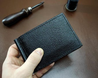Billetera de cuero con clip para billetes, billetera pequeña de cuero, billetera con clip para billetes de cuero de grano completo, billetera minimalista con tarjetero