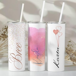 Individuell personalisierter Name Becher | Mädchens Reise Becher | Edelstahlbecher Strohhalm | Brautjungfer Geschenk | Hochzeit | Muttertag | Geburtstagstasse