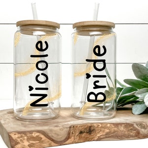Personalized Iced Coffee Cup 16oz Glass Cup, Custom Beer Can Glass with Lid and Straw, Bridesmaid Proposal Gift Glass can coffee cup