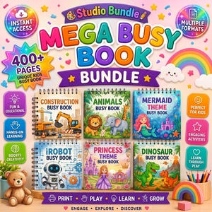 Peut inclure: Un ensemble numérique de six livres d'activités à spirales sur les thèmes de la construction, des animaux, des sirènes, des robots, des princesses et des dinosaures. L'image contient le texte Studio Bundle Mega Busy Book Bundle et 400+ Pages.
