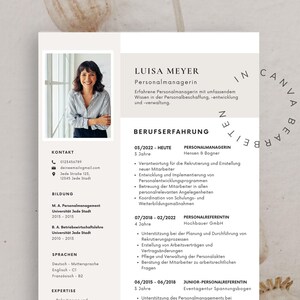 May include: A resume template with a photo of a woman, featuring a professional layout with sections for contact information, education, and work experience. The text includes the name "Luisa Meyer" and the phrase "in Canva bearbeitet."
