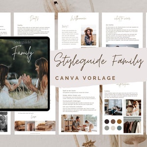 Könnte beinhalten: Ein digitales Tablet zeigt einen Styleguide für Familienfotos. Der Guide trägt den Titel "Styleguide Family Canva Vorlage" und zeigt ein Foto von zwei Mädchen, die sich in einem Feld an den Händen halten. Der Guide enthält Tipps für Styling, Location und Inspiration.