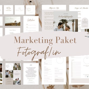 Könnte beinhalten: Ein Marketing-Paket für Fotografen, mit einer Vielzahl von Vorlagen und Designs. Das Paket beinhaltet ein Logo, Visitenkarten, Geschenkgutscheine und andere Marketingmaterialien. Der Text "Marketing Paket Fotograf/in" ist in der Mitte des Bildes zu sehen.