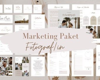 May include: A marketing package for photographers, featuring a variety of templates and designs. The package includes a logo, business cards, gift certificates, and other marketing materials. The text "Marketing Paket Fotograf/in" is displayed in the center of the image.