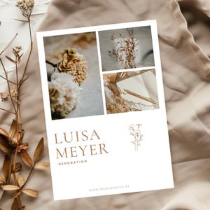 May include: A collage of images featuring dried flowers, a notebook, and a pen. The text "LUISA MEYER DEKORATON" and "WWW.DEINEWEBSITE.DE" is displayed on the bottom of the image.