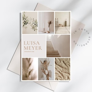 May include: A mood board with a collage of images in neutral tones. The images include a plant, a staircase, a textured surface, and a woman standing in front of a wall. The text "LUISA MEYER DECORATION" is in the center of the board.