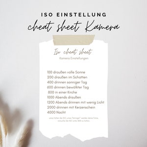 以下が含まれることがあります： 「Iso cheat sheet Kamera」というテキストが上部に書かれた白い紙。この紙には、「100 draußen volle Sonne」（100屋外で太陽が燦燦と）や「4000 Nacht」（4000夜）など、さまざまな照明条件におけるISO設定がリストされています。