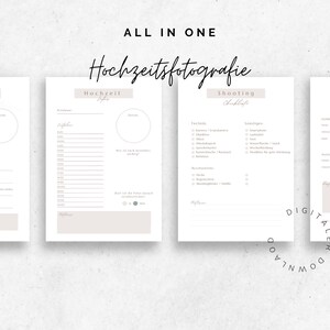 Op de afbeelding: Vier printbare checklists voor trouwfotografie, waaronder een checklist voor het fotograferen, notities en twee checklists voor trouwdetails. De checklists zijn in een minimalistische stijl met een lichtbeige achtergrond en zwarte tekst.
