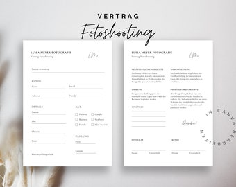 May include: A black and white contract template for a photography session. The contract is titled "Vertrag Fotoshooting" and includes sections for client details, type of shoot, payment information, and a signature line.