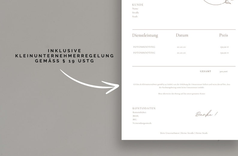 Puede incluir: Un documento en blanco y negro con el texto "INKLUSIVE KLEINUNTERNEHMERREGELUNG GEM&Auml;SS &sect; 19 USTG" y una tabla con los encabezados "Dienstleistung", "Datum" y "Preis".