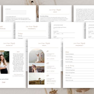 Könnte beinhalten: Eine Sammlung weißer Papierdokumente mit goldenem Text, darunter Formulare, Fragebögen und ein Werbeflyer. Die Dokumente tragen den Namen "Liane Prager Fotografie" und Bilder eines Fotografen und Hochzeitsfotos. Das Wort "CANVA" ist sichtbar.