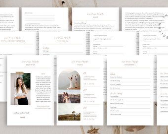 Könnte beinhalten: Eine Sammlung weißer Papierdokumente mit goldenem Text, darunter Formulare, Fragebögen und ein Werbeflyer. Die Dokumente tragen den Namen "Liane Prager Fotografie" und Bilder eines Fotografen und Hochzeitsfotos. Das Wort "CANVA" ist sichtbar.