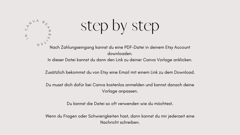 May include: A step-by-step guide on how to download and use a Canva template after purchasing it on Etsy. The guide includes instructions on how to download the template, access the Canva link, and customise the template.