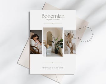 Plantilla de volante para estudio fotográfico bohemio | Plantilla de Canva | Plantilla de muestra para fotógrafo | Plantilla de volante bohemio A6 | Estudio con luz natural | Fotografía
