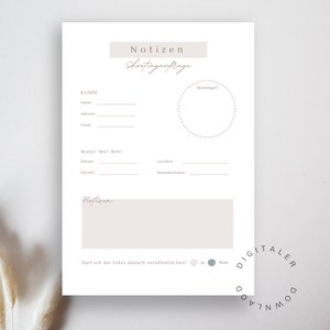 May include: A printable checklist for planning a photoshoot. The checklist includes sections for client information, shoot details, and notes. The text on the checklist is in German.
