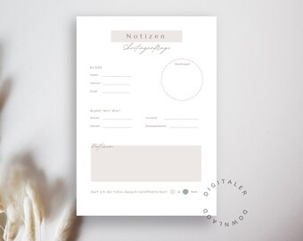 May include: A printable checklist for planning a photoshoot. The checklist includes sections for client information, shoot details, and notes. The text on the checklist is in German.