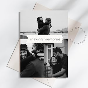 Może przedstawiać: Czarno-biała kolaż zdjęć pary tworzącej wspomnienia. Tekst "making memories" jest napisany na białym banerze.