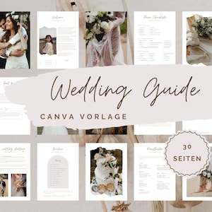 Könnte beinhalten: Eine Hochzeitsplaner-Vorlage mit 30 Seiten für Canva. Der Planer hat ein minimalistisches Design mit einem hellbraunen und weißen Farbschema. Der Text "Wedding Guide Canva Vorlage" ist in brauner Schrift dargestellt.