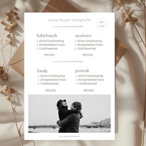 Template price list photographer | Canva template | Price list template | Wedding photographer | Photo shoot prices | Newborn photography | Baby bump