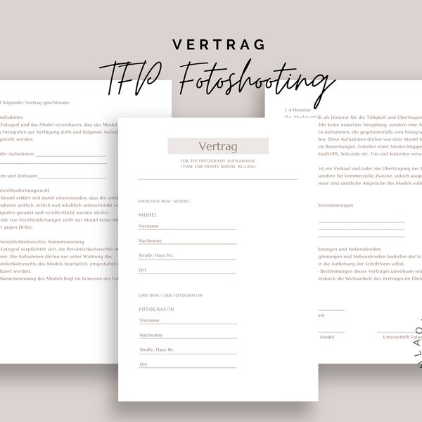 Vertrag für TFP Foto Aufnahmen | Digitaler Download | Mustervertrag Fotograf | Vertrag für Fotoshooting | Hochzeitsfotograf | Modelvertrag