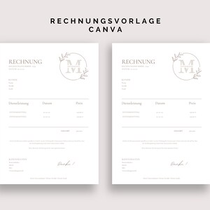 Puede incluir: Dos plantillas de factura en blanco con el texto "RECHNUNG" y un logotipo con la letra "M" en un c&iacute;rculo con hojas. El texto "RECHNUNGSVORLAGE CANVA" est&aacute; en la parte superior de la imagen.
