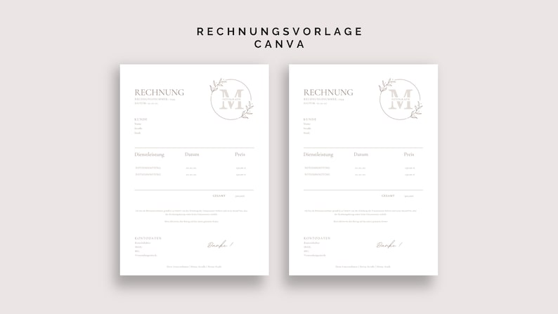 Puede incluir: Dos plantillas de factura en blanco con el texto "RECHNUNG" y un logotipo con la letra "M" en un c&iacute;rculo con hojas. El texto "RECHNUNGSVORLAGE CANVA" est&aacute; en la parte superior de la imagen.