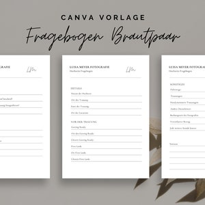 Op de afbeelding: Drie witte pagina's met zwarte tekst, getiteld "LUISA METER FOTOGRAFE" en "Fragebogen Brautpaar". De pagina's zijn onderverdeeld in secties met koppen zoals "Die Trauung", "Details" en "Sonstiges".