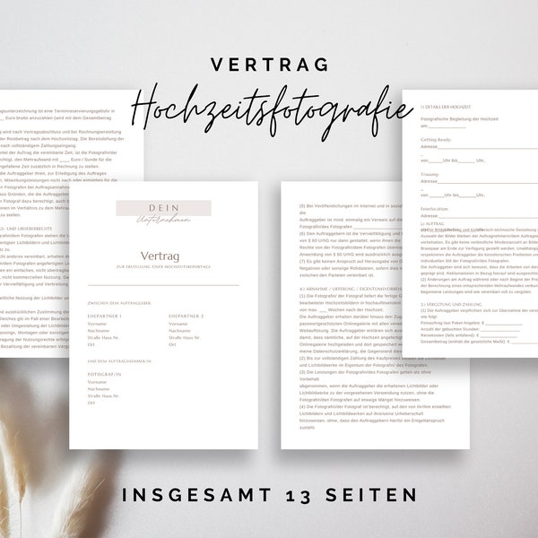 Vertrag für Hochzeitsfotografen | Canva Vorlage | Mustervertrag Fotograf | Bürobedarf Selbstständigkeit | Vertrag Unternehmer | Download