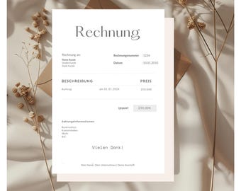 May include: A minimalist invoice template with the word "Rechnung" (German for invoice) at the top. The invoice number is 1234 and the date is 30.01.2020. The invoice includes a description and price column. The total amount is 250.00€. The invoice ends with the phrase "Vielen Dank" (German for thank you).