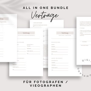 May include: A digital download bundle of four printable contracts for photographers and videographers. The contracts are titled "Vertrag" in German, which means "contract".