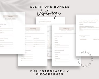 Könnte beinhalten: Ein digitales Download-Paket mit vier druckbaren Verträgen für Fotografen und Videografen. Die Verträge sind mit "Vertrag" in deutscher Sprache betitelt.