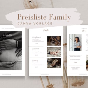 Vorlage Preisliste für Fotografen | Canva-Vorlage | Preislistenvorlage | Hochzeitsfotograf | Familienfotograf | Newborn | Family | Babybauch