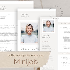 Könnte beinhalten: Eine Sammlung hellbeige Lebenslaufvorlagen mit dem Namen "Luisa Meyer" in einer modernen Schriftart. Die Vorlagen enthalten ein Foto, Kontaktinformationen und Abschnitte für Erfahrung und Ausbildung. Die Wörter "BEWERBUNG" und "Minijob" sind sichtbar.