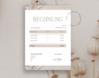 May include: A beige invoice with the word "RECHNUNG" at the top. The invoice lists three items with a price of 100.00 each. The total is 300.00. The invoice is from "CANVA BEARBEITEN".