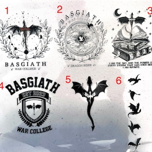 May include: Black and white illustrations of dragons, a book, and a crest with the text "Basgiath War College" and "Dragon Rider".