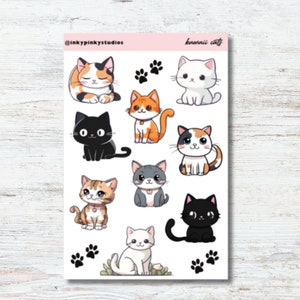 Kawaii Cats Sticker Sheet, Journal Stickers, Planner Stickers, Scrapbook Stickers, Cats, Kittens, Kawaii, Handmade