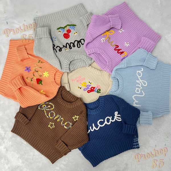 Benutzerdefinierte Name Baby Pullover, personalisierte Kleinkind Mädchen Hand gestickt Namen Pullover, Pullover Geburtstagsgeschenk mit Namen für Jungen Kinder