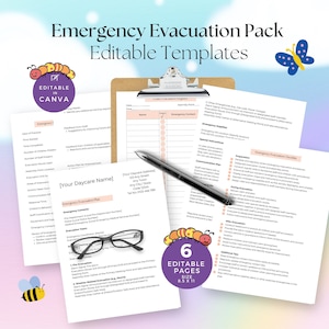 Puede incluir: Plantillas de plan de evacuación de emergencia imprimibles para guarderías. Las plantillas son editables en Canva e incluyen listas de verificación, información de contacto y procedimientos de evacuación. Las plantillas están diseñadas para ayudar a las guarderías a prepararse para y responder a emergencias.