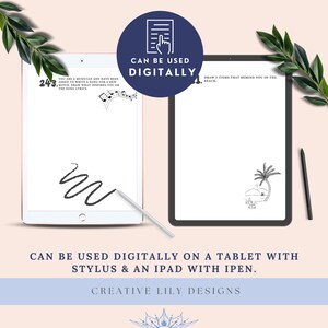 Puede incluir: Dos tabletas blancas con biseles negros, una con un mensaje de dibujo y la otra con un dibujo de una palmera, playa y olas. El texto "CAN BE USED DIGITALLY" est&aacute; en ambas tabletas. El texto "CREATIVE LILY DESIGNS" est&aacute; debajo de las tabletas.