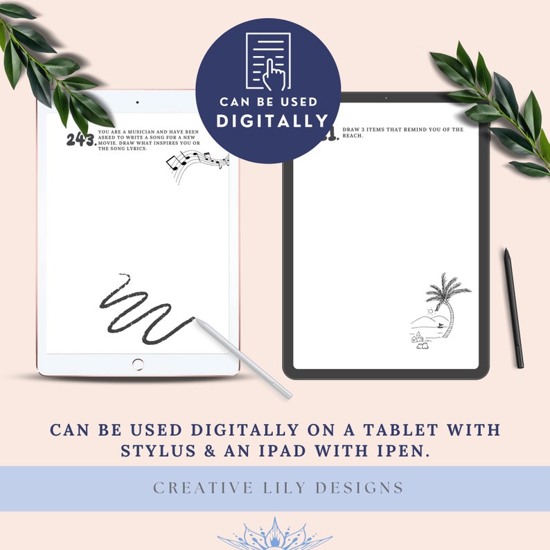 Puede incluir: Dos tabletas blancas con biseles negros, una con un mensaje de dibujo y la otra con un dibujo de una palmera, playa y olas. El texto "CAN BE USED DIGITALLY" est&aacute; en ambas tabletas. El texto "CREATIVE LILY DESIGNS" est&aacute; debajo de las tabletas.