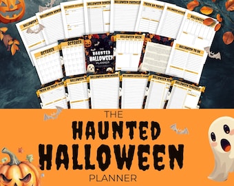 May include: A collection of Halloween-themed planner pages with headings like "Halloween Reminders" and "Halloween To Do." The title "The Haunted Halloween Planner" is displayed on an orange background with a jack-o'-lantern and ghost illustration.