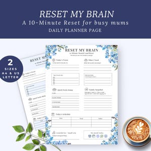 May include: Two daily planner pages with the text "RESET MY BRAIN" and "A 10-Minute Reset for busy mums". The pages have sections for focus, tasks, schedule, and mood tracking. Floral accents and a coffee cup are also visible.