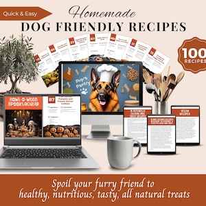 May include: A collection of 100 dog-friendly recipes, with a variety of themes, including "Howl-O-ween Spooktacular", "Pumpkin and Peanut Butter Cookies", and "Naturally Calming Dog Treat Recipes". The recipes are displayed on a laptop, tablet, and smartphone, with a dog wearing a chef's hat in the background.