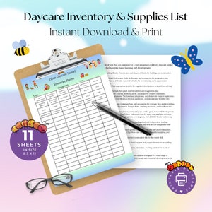 May include: Printable daycare inventory and supplies list with 11 sheets in 8.5 x 11 inch size. The list includes categories for toys, equipment, and other supplies. The document has a blue and green gradient background with a cartoon bee and butterfly.