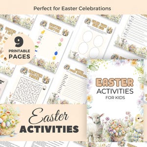 May include: Nine printable Easter activity pages for kids featuring a variety of games and activities, including a maze, word scramble, color your own egg, and Easter I Spy. The pages are decorated with cute illustrations of lambs, chicks, and Easter eggs.
