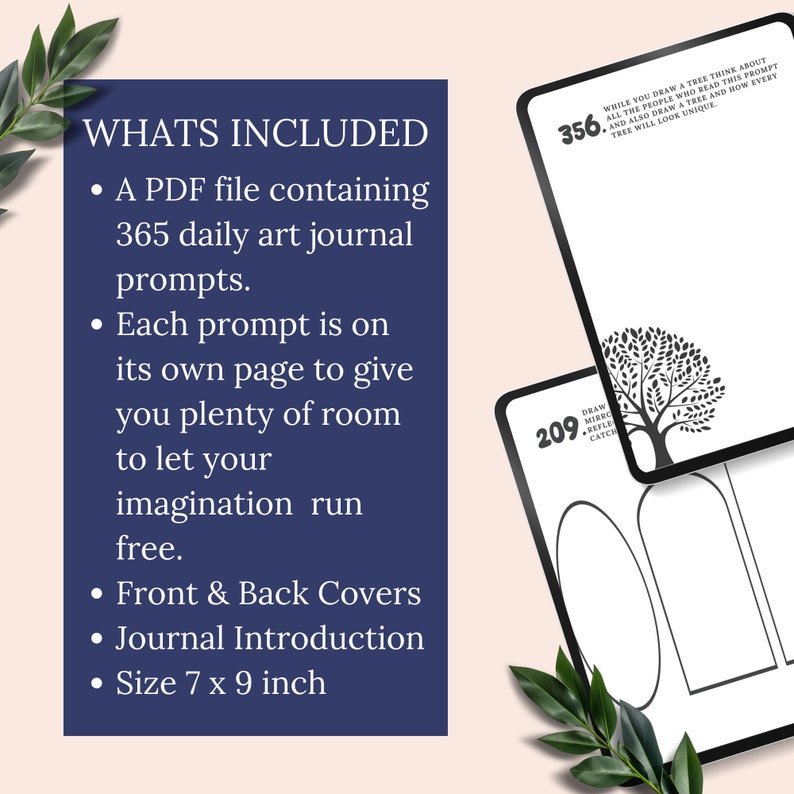 Puede incluir: Una ilustraci&oacute;n azul y blanca de un diario con el texto "WHATS INCLUDED" y una lista de caracter&iacute;sticas. El diario mide 17,8 x 22,9 cm e incluye 365 indicaciones diarias para el diario de arte. La imagen tambi&eacute;n muestra dos p&aacute;ginas del diario con indicaciones numeradas 356 y 209.